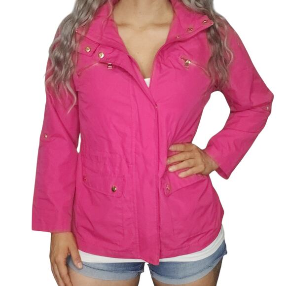 Hot Pink Rain Jacket Womens PM Medium Petite Gold Full Zip Hooded Spring Fall - Picture 1 of 16